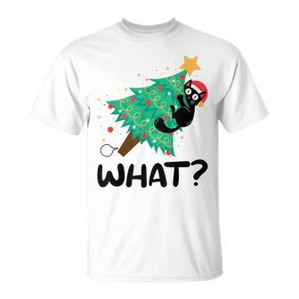 Cute Black Cat Pushing Christmas Tree Xmas T-Shirt - Monsterry DE