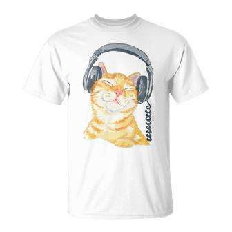 Cute Ginger Cat Grooving To Music Headphones T-Shirt - Monsterry UK