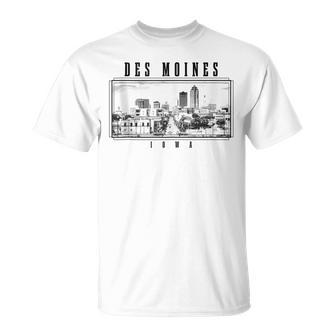 Des Moines Iowa Vintage Skyline Black & White Des Moines T-Shirt - Monsterry AU