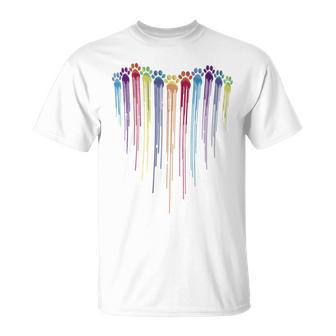 Dog Paws Heart Watercolors Painting Heart Dogs Paw Rainbow T-Shirt - Monsterry DE