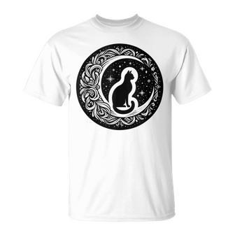 Drawing Cat Sitting On Crescent Moon Flowers Stars Women T-Shirt - Monsterry