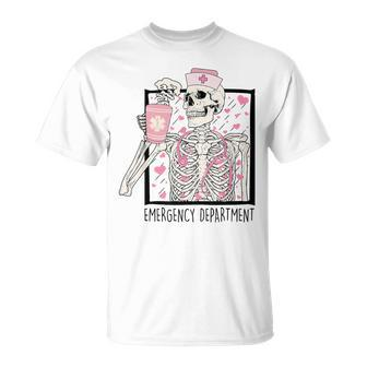 Emergency Department Valentines Day Skeleton Drinking Coffee T-Shirt | Seseable CA