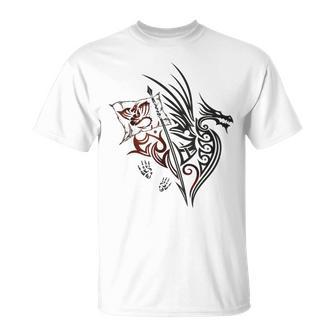 Fire Dragon With Wings Footprints And Flag Fantasy T-Shirt - Monsterry