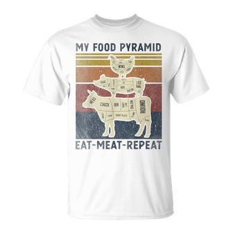 My Food Pyramid Eat Meat Repeat Retro Vintage Bbq Joke T-Shirt - Monsterry