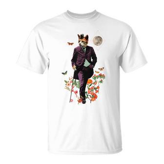 Cat With Flowers And Walking Stick And Moon T-Shirt - Monsterry CA