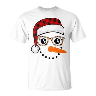 Snowman Face Glasses Christmas Eyelashes Leopard Plaid T-Shirt - Monsterry