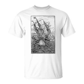 Giant Octopus Pirate Ship Vintage Kraken Sailing Squid T-Shirt - Monsterry