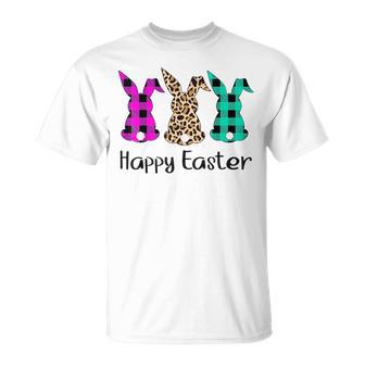 Happy Easter Buffalo Plaid Leopard Print Easter Bunnies T-Shirt - Monsterry DE