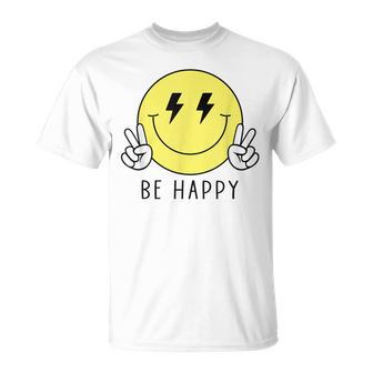 Be Happy Lightning Eyes Peace Hand Yellow Smile Face Hippie T-Shirt - Monsterry