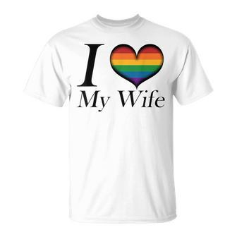I Heart My Wife Lesbian Pride Typography With Rainbow Heart T-Shirt - Monsterry