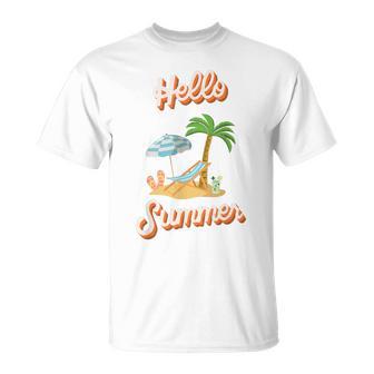 Hello Summer – Mit Sand Meer Sonnenschirm Und Palmenstimmung T-Shirt - Seseable