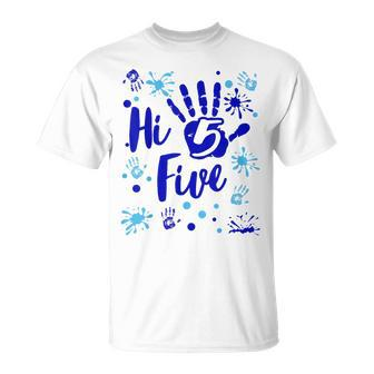 Hi Five Boy 5 Years Old Blue 5Th Birthday Family Party T-Shirt - Monsterry