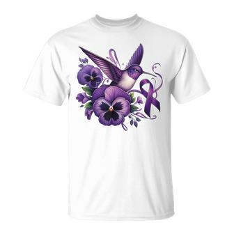 Hummingbird Holding Purple Ribbon Alzheimer Awareness Pansy T-Shirt - Seseable