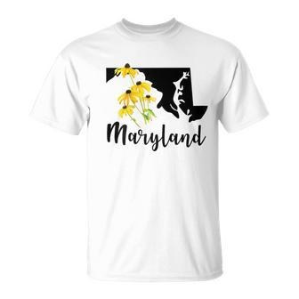 Maryland Floral Black-Eyed-Susan Handwritten State Inspired T-Shirt - Monsterry