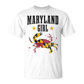 Maryland Girl Blue Crab Vintage Maryland Flag Pride T-Shirt - Monsterry DE