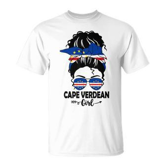 Messy Bun Cape Verdean Girl & Cape Verde Flag Glasses Bhm T-Shirt - Monsterry CA