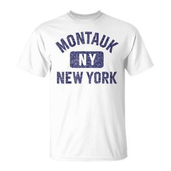 Montauk Ny Gym Style Distressed Navy Blue Print T-Shirt - Monsterry UK