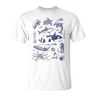 Ocean Wildlife Vintage Shark Turtle Octopus Graphic T-Shirt - Monsterry