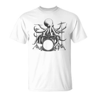 Octopus Playing Drums Drumkit Player Drummer T-Shirt - Monsterry