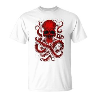 Octopus Skull Monster Red Krakens Cthulhus Cool For Boys T-Shirt - Seseable