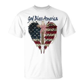 Patriotic American Flag Cross God Bless America 4Th July T-Shirt - Monsterry