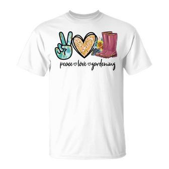 Peace Love Gardening Tools Flowers Garden Lover Fun Gardener T-Shirt | Seseable CA