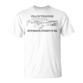 Peace Through Superior Firepower Oxymoron Pulse Rifle T-Shirt - Monsterry DE