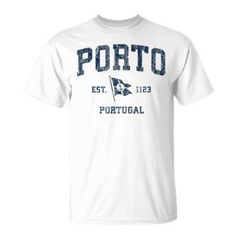 Porto Portugal Vintage Sports Navy Boat Anchor Flag T-Shirt - Monsterry