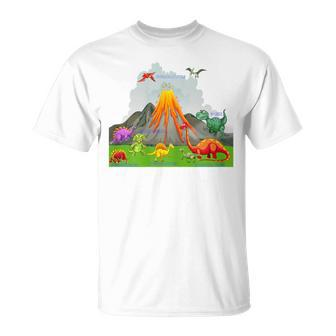 Prehistoric Landscape Dinosaurs Volcano Mountains T-Shirt - Monsterry AU