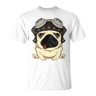 Pug Dog Wearing Steampunk Aviator Helmet T-Shirt - Monsterry