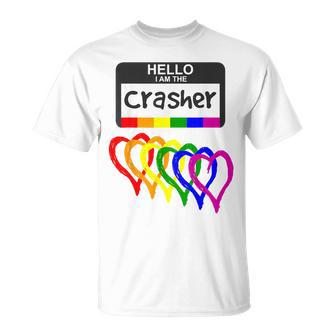 Rainbow Flag Hearts Hello Wedding Crasher Name Badge Friend T-Shirt - Monsterry AU