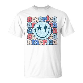 Retro America Groovy Smile Face American Flag 4Th Of July T-Shirt - Monsterry UK
