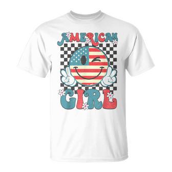 Retro American Girl 4Th Of July Smile Checkered Girls T-Shirt - Monsterry CA