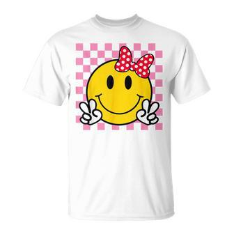Retro Happy Face With Bow And Checkered Pattern Smile Face T-Shirt - Thegiftio UK