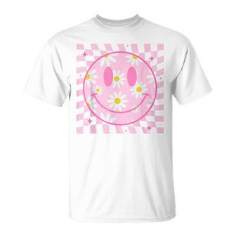 Retro Happy Smile Face Checkered Pattern Pink Daisy Flower T-Shirt - Monsterry UK
