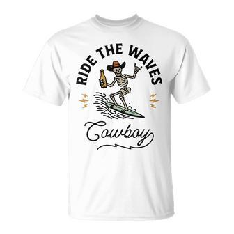 Ride The Waves Cowboy Beach Cowboy Skeleton T-Shirt - Monsterry UK