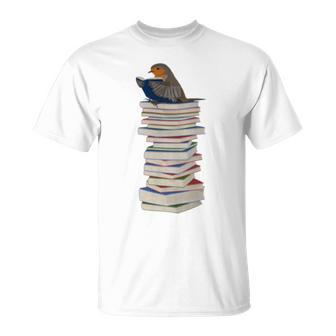 Robin Bird Reads Books Garden Backyard Birds T-Shirt - Monsterry