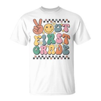 School Last Day Of 1St Grade Groovy Peace Out First Grade T-Shirt - Monsterry