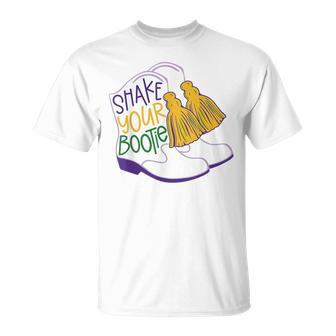 Shake Your Bootie Mardi Gras Bead Boot Carnival Celebration T-Shirt | Mazezy