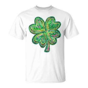 Shamrock Sequin Effect St Patrick's Day Four Leaf Clover T-Shirt - Seseable