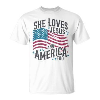 She Loves Jesus And America Too Flag Christian 4Th Of July T-Shirt - Monsterry DE