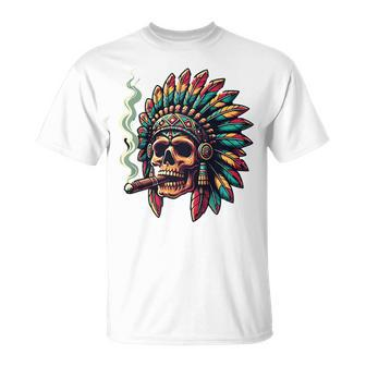 Smoking Cigar Indian Skull Colorful Headdress Lounge Gear T-Shirt - Monsterry