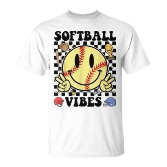 Softball Vibes Smile Face Game Day Softball Mom T-Shirt - Seseable