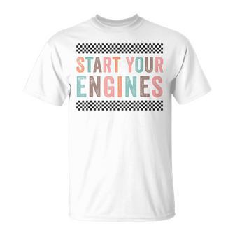 Start Your Engines Vintage Retro Checkered Flag Racing Car T-Shirt - Monsterry UK