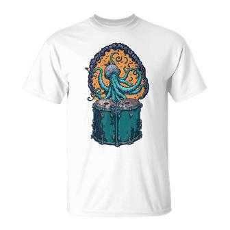 Steampunk Octopus Playing Drums Drummer Drum Kit T-Shirt - Monsterry UK