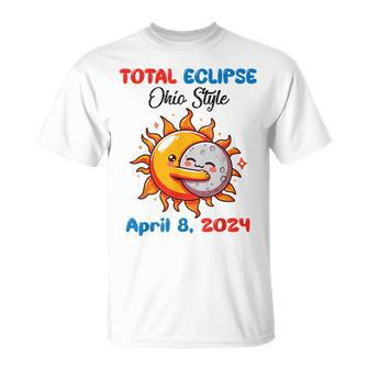 Sun Moon Hug Together Total Eclipse Ohio Style April 8 2024 T-Shirt - Seseable