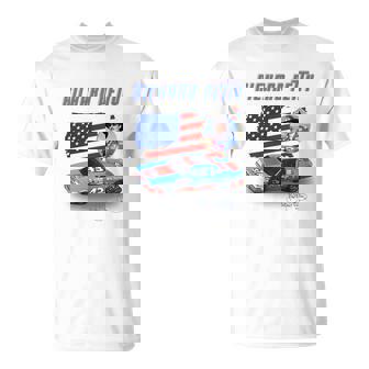 T-shirt Pilote Course Automobile, Illustration Drapeau USA et Voiture Bleue - Cadeauxyz