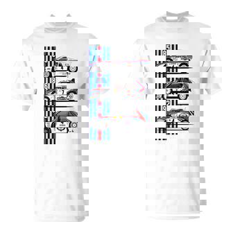 T-shirt Voitures de Course Rétro, Silhouettes Stylisées Rouge Bleu Blanc - Cadeauxyz