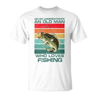 Never Underestimate A Old Man Who Loves Fishing Bass Vintage T-Shirt - Thegiftio UK