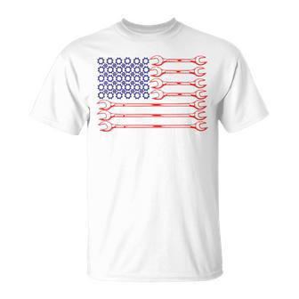 Usa Red White Blue American Flag Mechanic Car Lover Wrenches T-Shirt - Monsterry